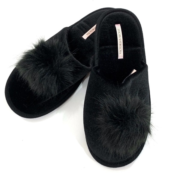 Victoria's Secret Sleep Pom-Pom Pretty Slippers Black Large New - Picture 2 of 4